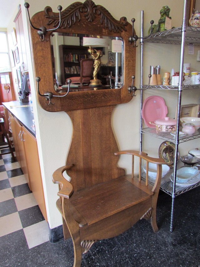 Antique Oak Hall Tree With Bench And Mirror' Antique Oak Hall Tree With Bench And Mirror'