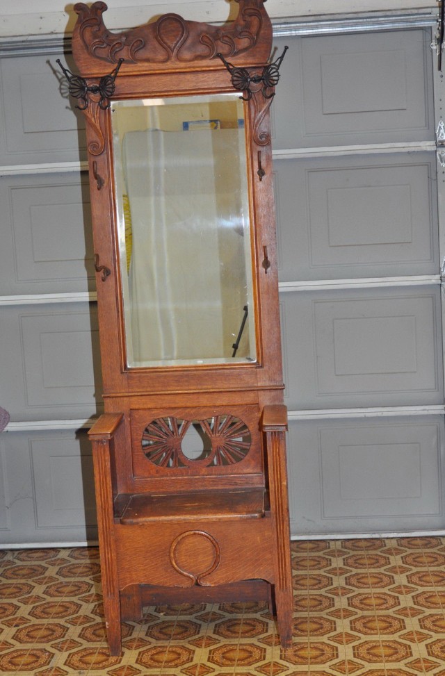 Antique Oak Hall Tree With Mirror Antique Oak Hall Tree With Mirror