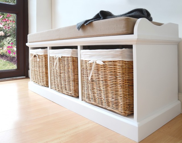 White Storage Bench With Baskets And Cushion White Storage Bench With Baskets And Cushion