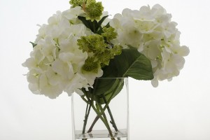 Faux Hydrangea Arrangement In Clear Glass Vase
